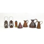 Mostly Victorian copper and brass flagons and miners lamps : For Further Condition Reports Please