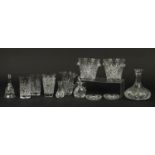 Cut crystal and glassware including a pair of ice buckets, an Edinburgh decanter and glasses : For