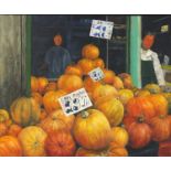 Shop front with pumpkins, French school oil on canvas, bearing a signature Chavan, framed, 63.5cm