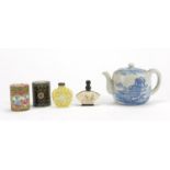Chinese porcelain and metalware including a blue and white teapot, snuff bottles and cloisonné box