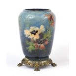 Hand painted continental pottery vase with gilt metal base and paw feet, 29cm high : For Further
