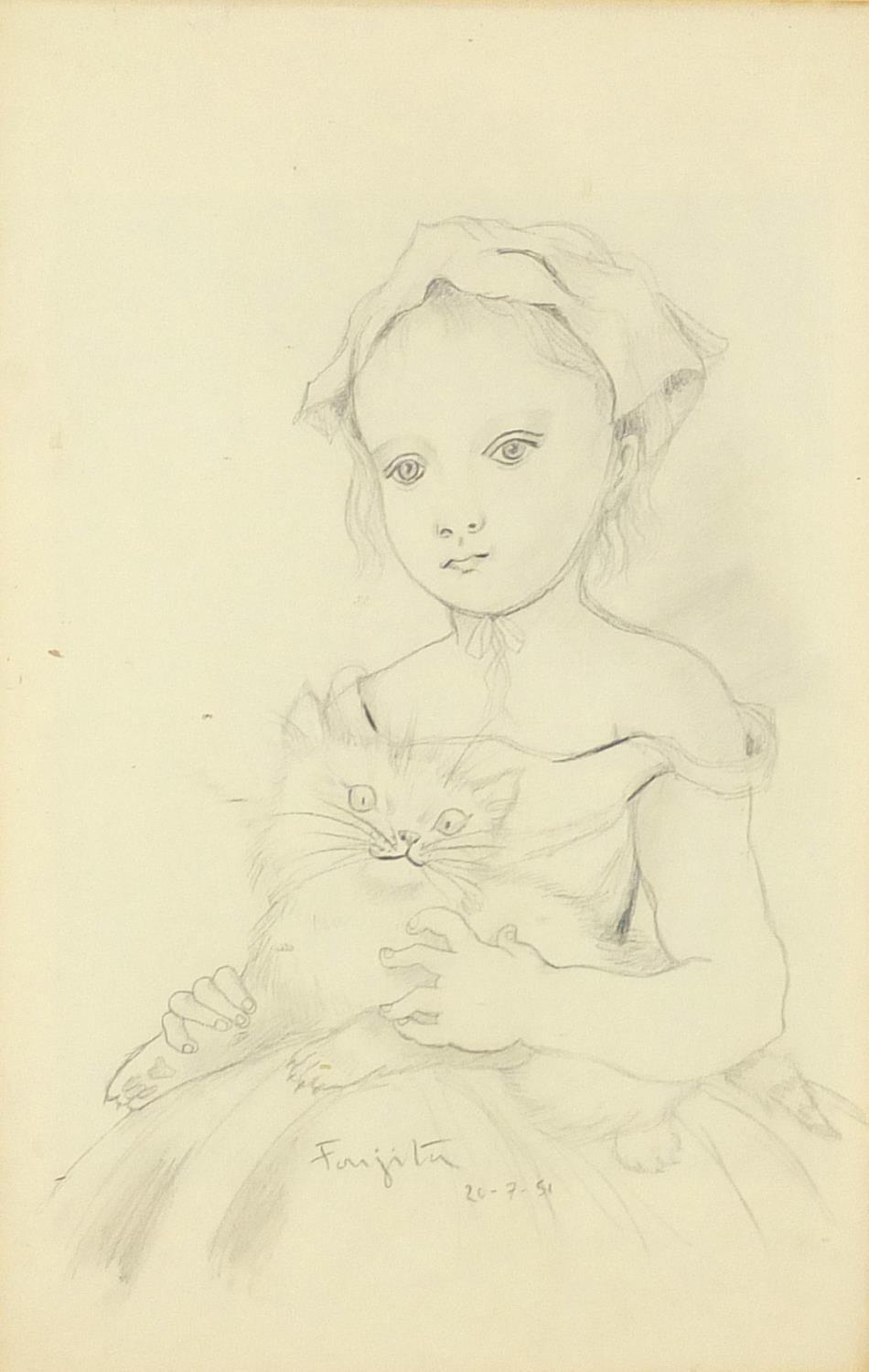 Manner of Leonard Tsuguharu Foujita - Portrait of a female holding a cat, pencil on paper, framed,