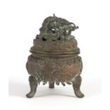 Chinese bronzed three footed Koro and cover, 12cm high : For Further Condition Reports Please