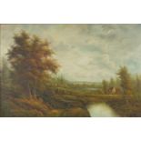 Landscape with stream beside woodland and cottages, oil on canvas, framed, 90.5cm x 60cm : For