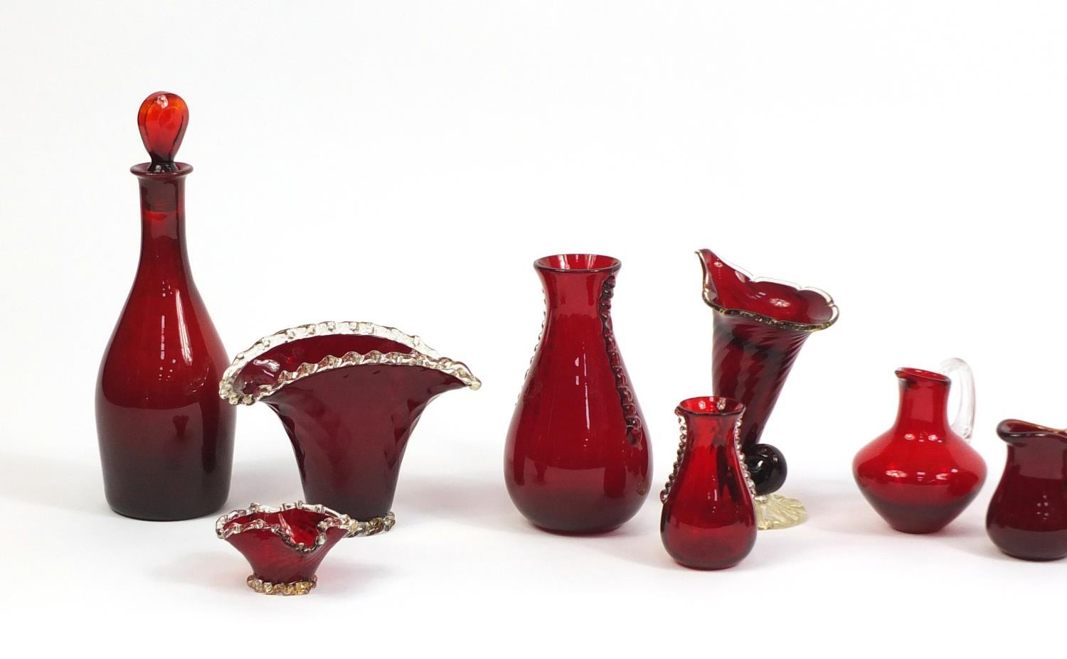 Antique and later ruby glassware including decanter with stopper, graduated set off three jugs and - Image 2 of 4