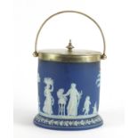 Wedgwood blue and white Jasper Ware biscuit barrel with silver plated lid and handle, 15cm high :