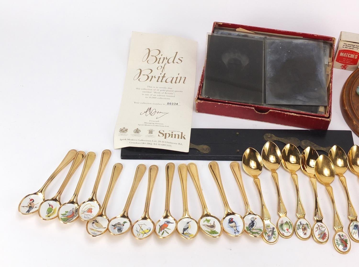 Objects including birds of Britain collectors spoons, Victorian solitaire board with glass marbles - Image 2 of 3