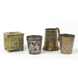 Continental brass caddy, two Middle Eastern beakers and a tankard : For Further Condition Reports