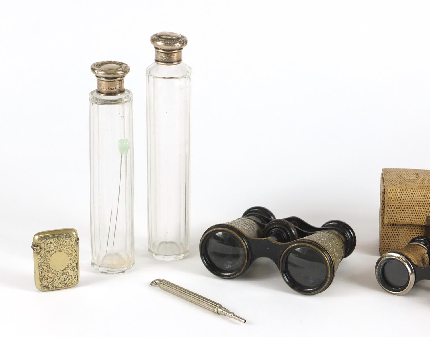 Objects including two pairs of opera glasses, two cut glass jars with silver lids and a silver - Image 2 of 7