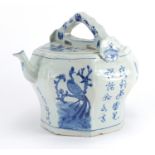 Large Chinese blue and white porcelain teapot, hand panted with birds of paradise and script, 25cm