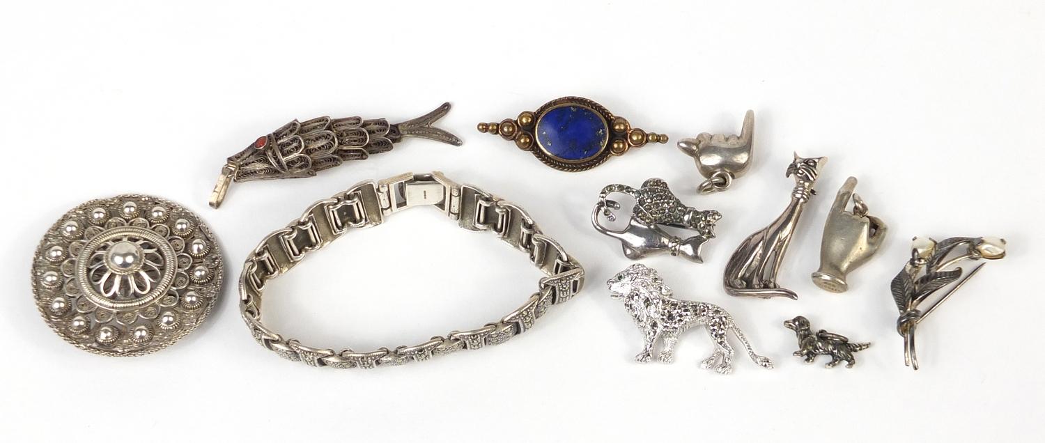 Mostly silver jewellery including animal brooches and a marcasite bracelet, 100.2g : For Further