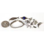 Mostly silver jewellery including animal brooches and a marcasite bracelet, 100.2g : For Further