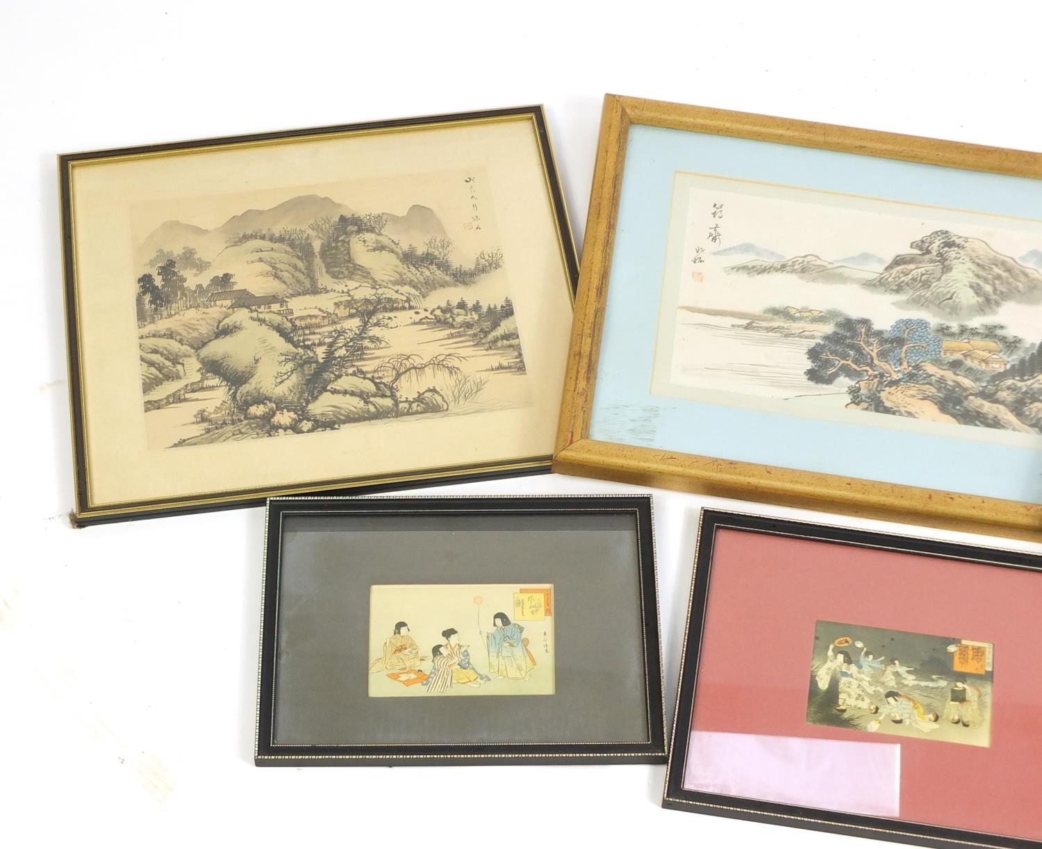 Six Japanese pictures and prints including landscapes, figures at a table and children playing, each - Image 3 of 5