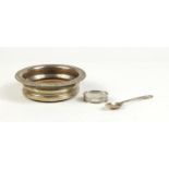 Circular silver and oak wine coaster, a Silver Jubilee teaspoon and a napkin ring, various
