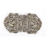 Victorian silver coloured metal two piece nurses buckle, embossed with putti, 11cm in length : For
