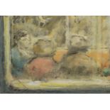 Three figures in an interior, mixed media on paper, bearing an indistinct signature Patrick ...?