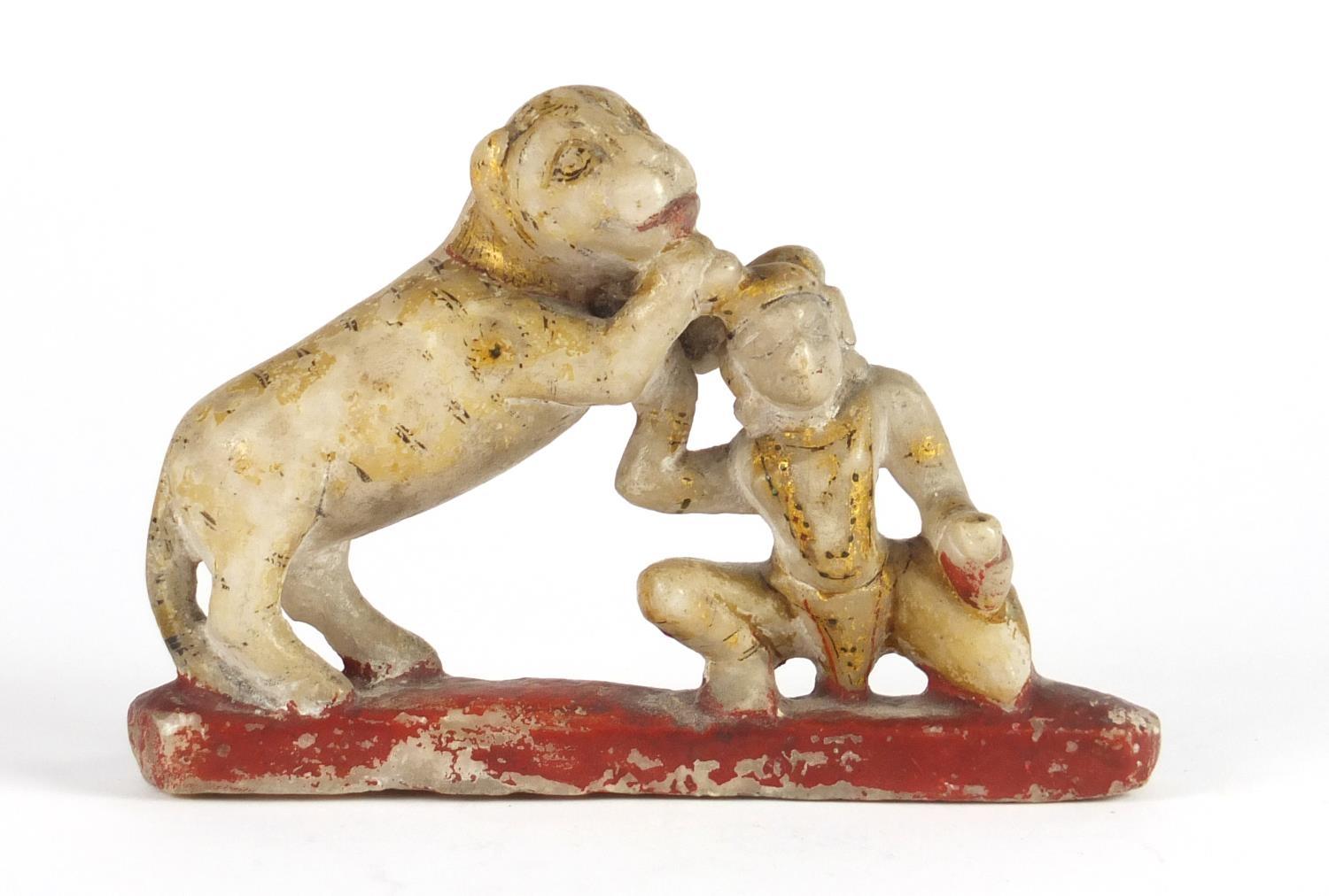 Indian Mughal style carved stone lion and figure, 14cm in length : For Further Condition Reports