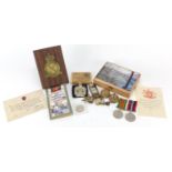 British Militaria including Two World War medals with postage box and RAF cap badges : For Further