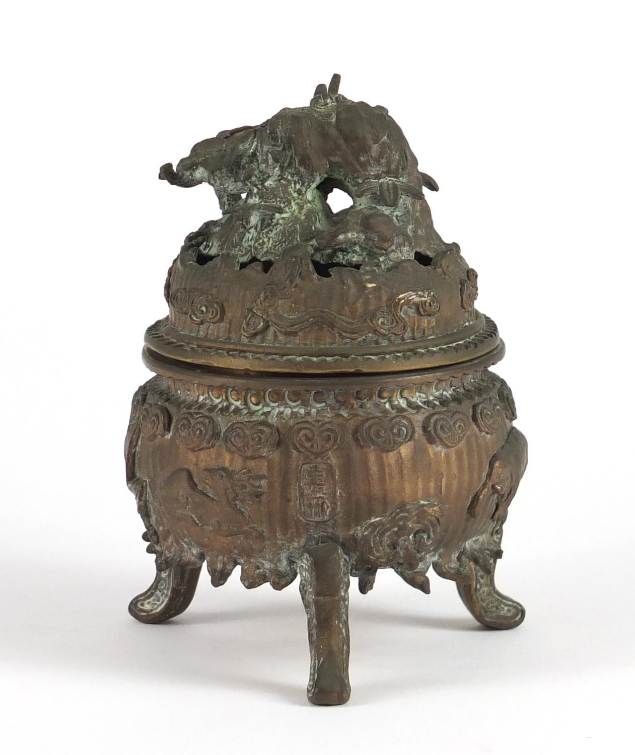 Chinese bronzed three footed Koro and cover, 12cm high : For Further Condition Reports Please - Image 2 of 4