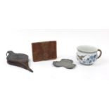 Miscellaneous items including fire bellows, an aesthetic Victorian chamber pot and antique pewter