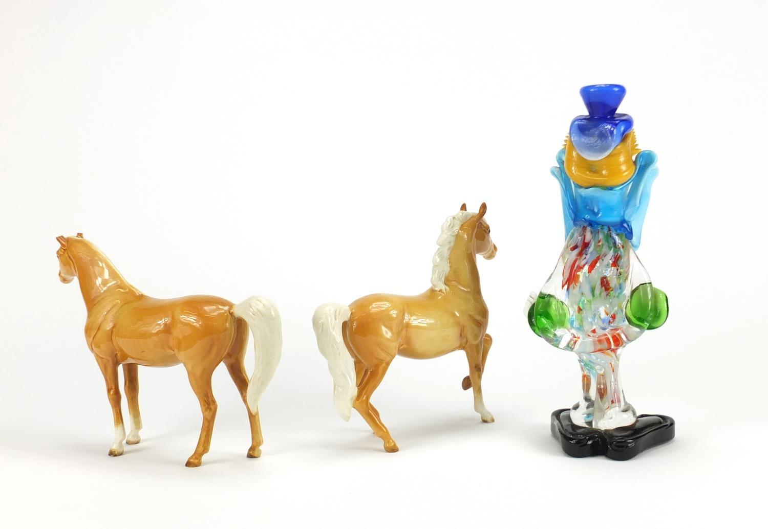 Two Beswick tan horses and Murano glass clown, the largest 26cm high : For Further Condition Reports - Image 4 of 6