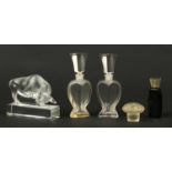 Art Deco glassware including a Lalique bull paperweight and scent bottles, the bull 11cm in length :