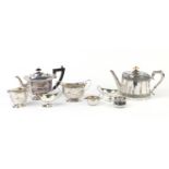 Silver plate including Victorian teapot, pair of Elkington & Co open salts and three piece tea