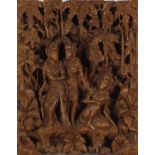 Balinese wood carving of deities amongst trees, 49cm x 39cm : For Further Condition Reports Please