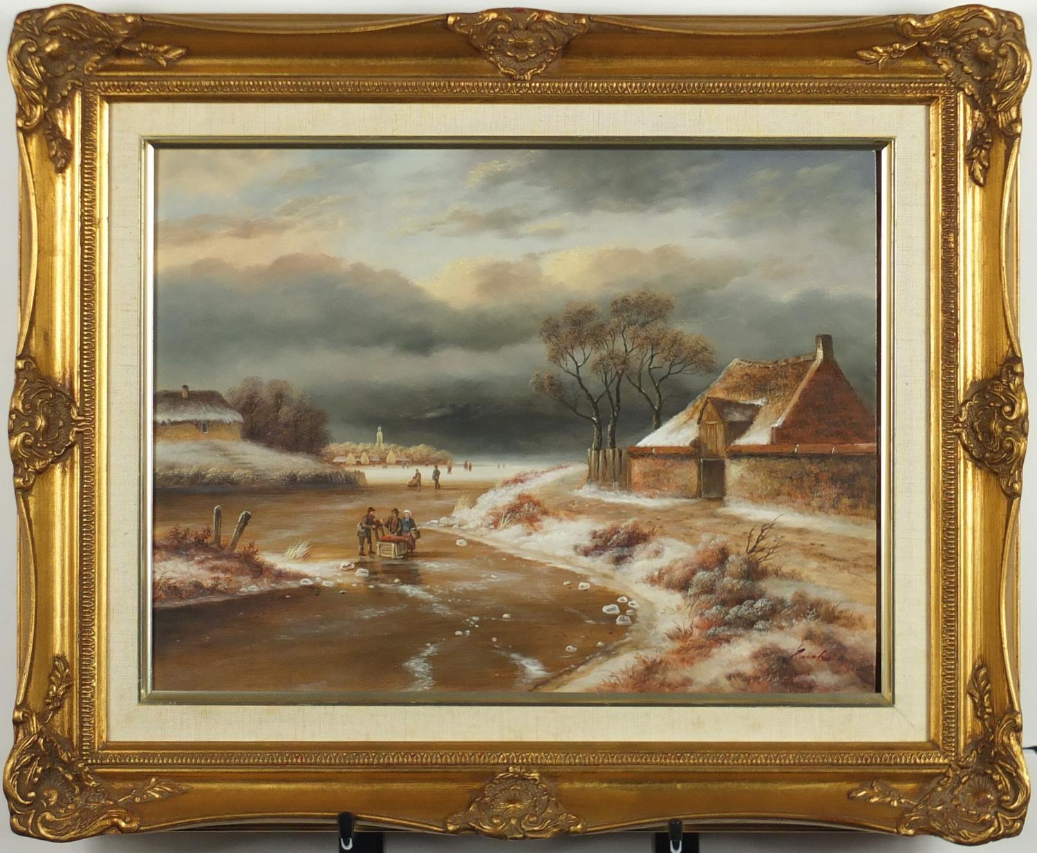 Dutch winter landscape, oil on board, bearing signature Roch, mounted and framed, 39cm x 29cm : - Image 2 of 4