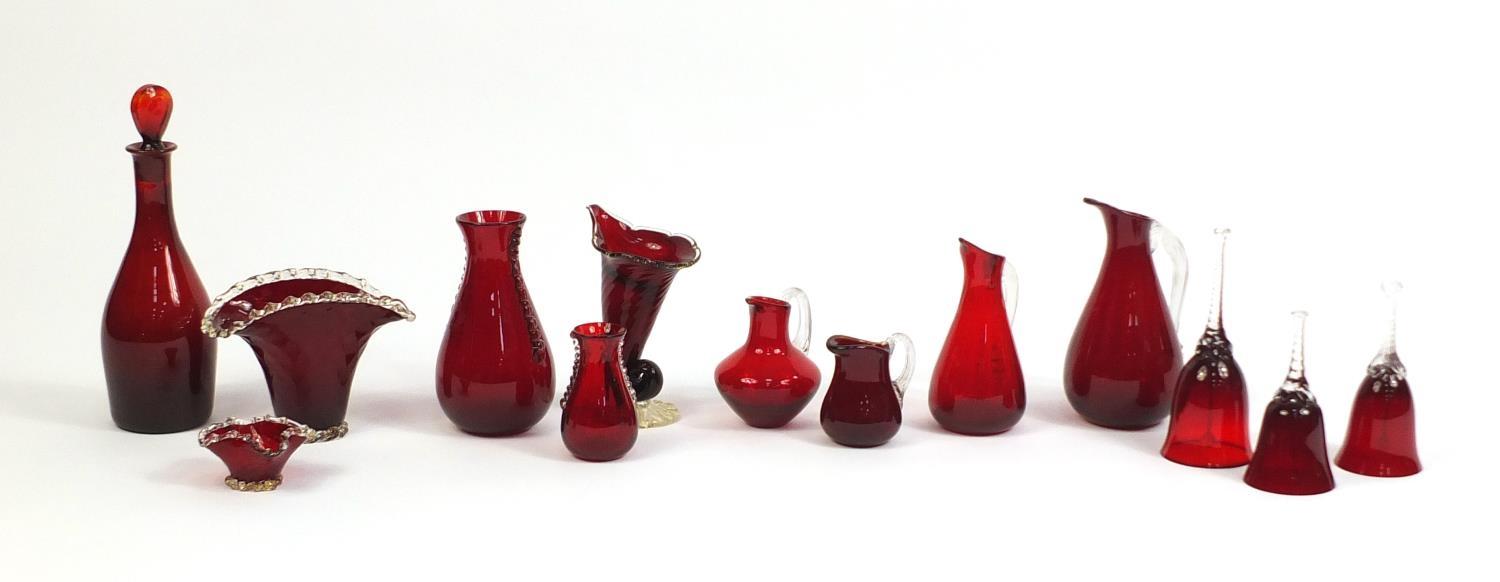 Antique and later ruby glassware including decanter with stopper, graduated set off three jugs and