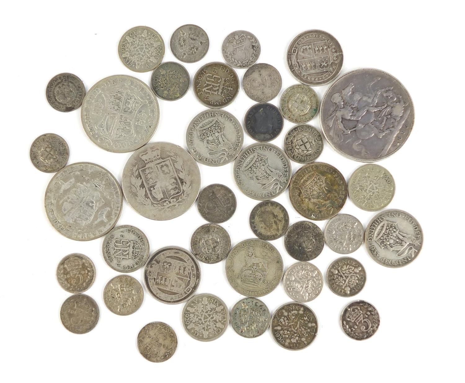 Mostly British pre 1947 coins including a Victorian 1895 crown, 153.0g : For Further Condition