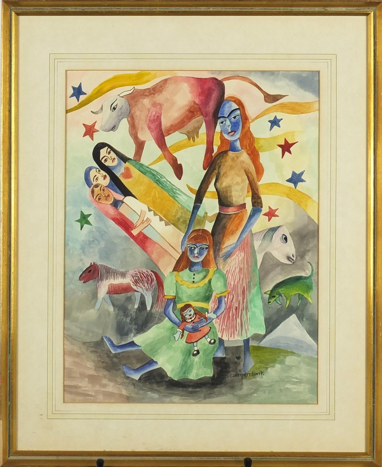 After Heinrich Campendonk - Figures and animals, German surrealist school watercolour, mounted and - Image 2 of 4