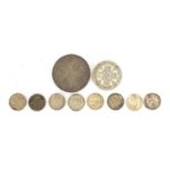 Pre 1947 British coins including 1890 double florin, 45.7g : For Further Condition Reports Please