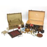 Miscellaneous items including a games compendium, solitaire board, Victorian brass trivets, a bear
