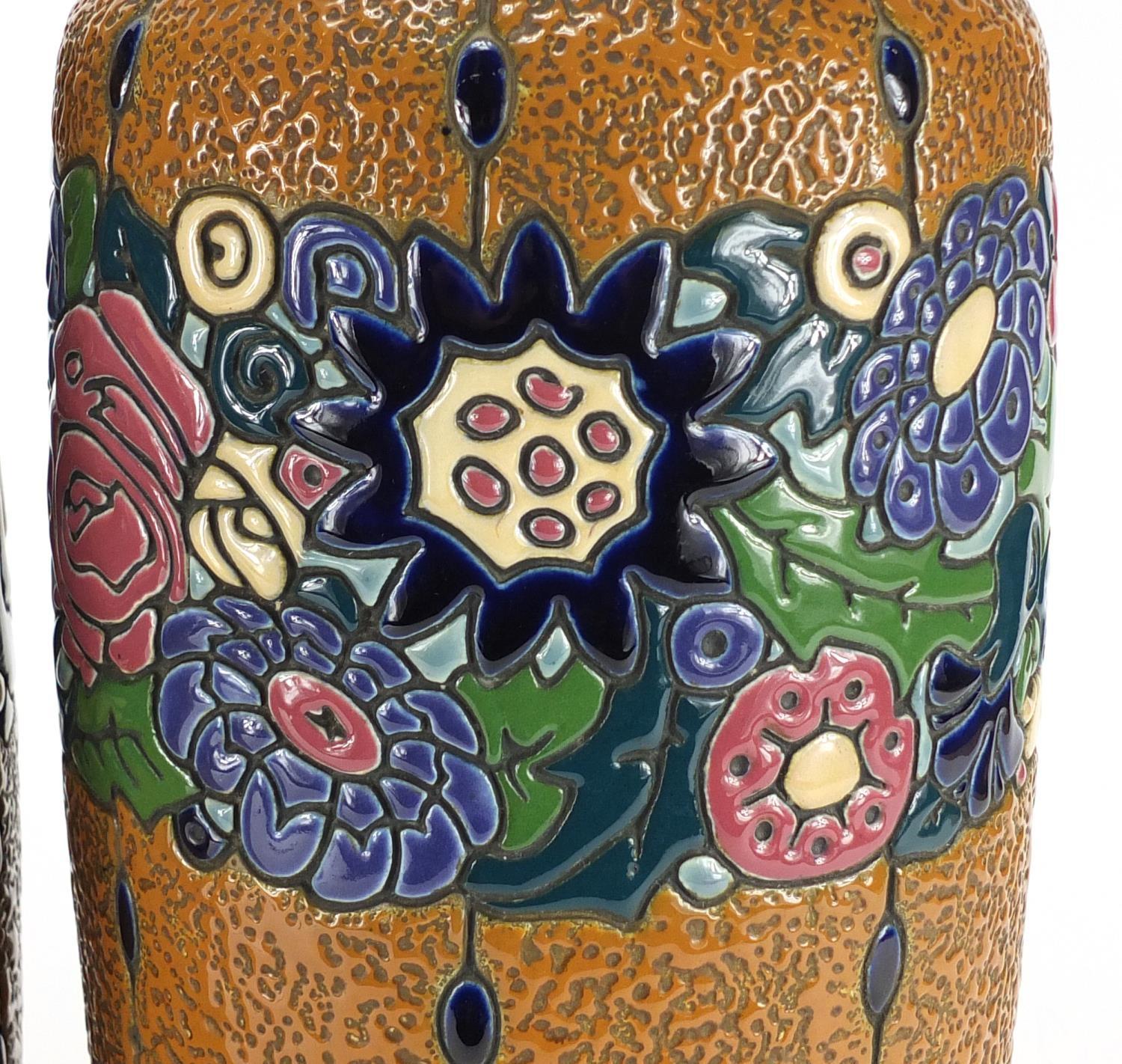 Large pair of Art Nouveau Czechoslovakian pottery vases by Amphora, enamelled with flowers, each - Image 2 of 5