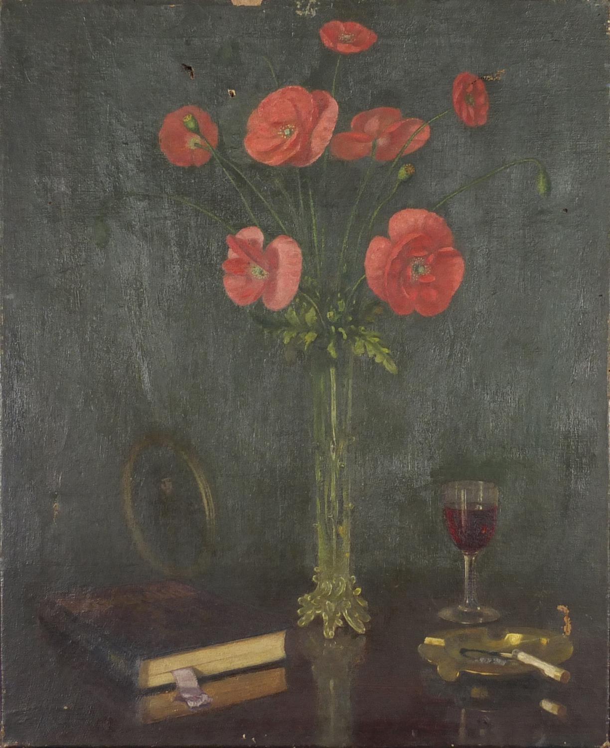 Still life with flowers in a vase, early 20th century oil on canvas, unframed, 56cm x 46cm : For