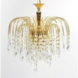 Ornate brass three tier chandelier with crystal drops, 36cm in diameter : For Further Condition