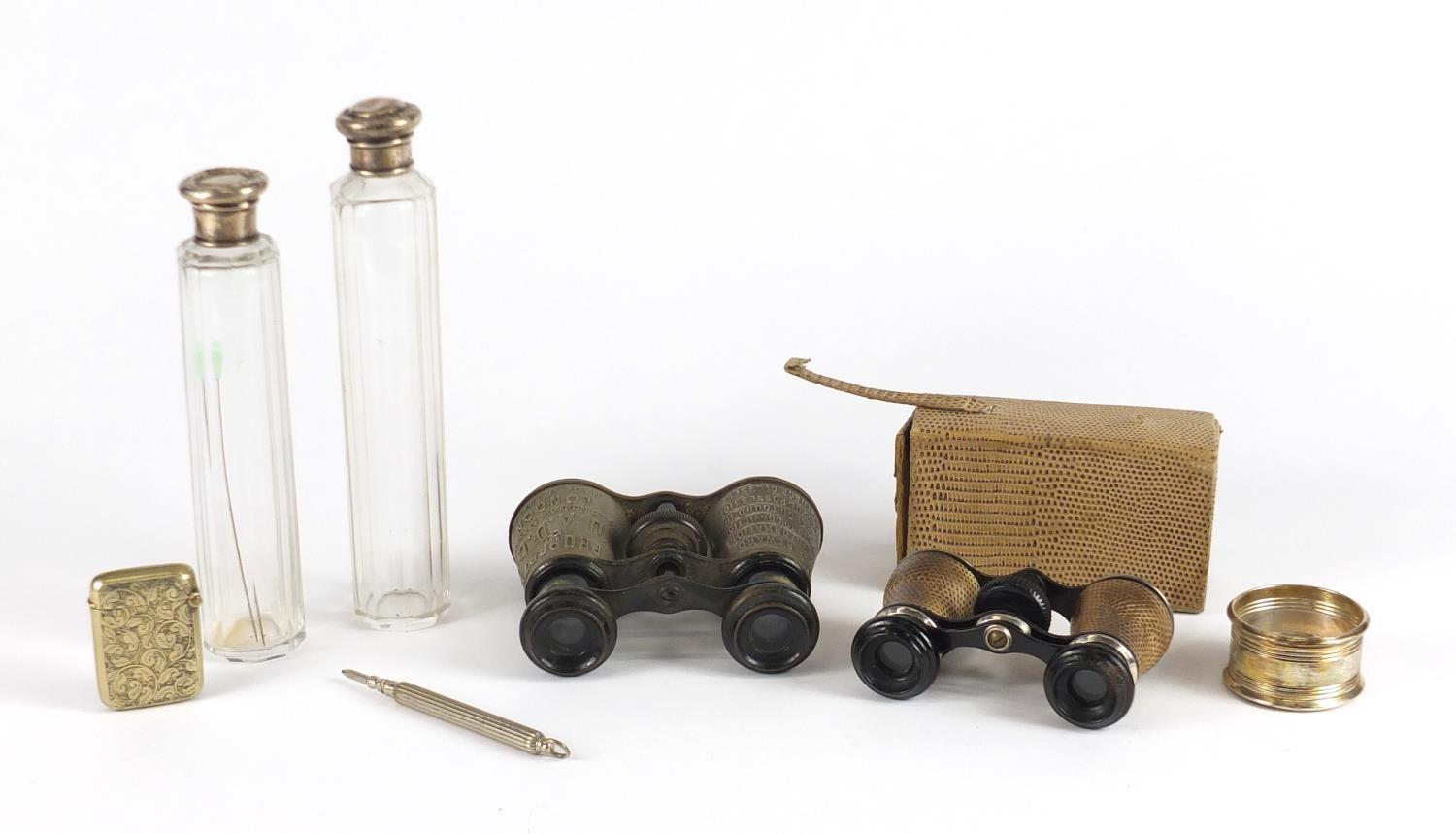 Objects including two pairs of opera glasses, two cut glass jars with silver lids and a silver - Image 4 of 7