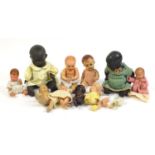 Ten vintage composite dolls, some with jointed limbs and open/close eyes, the largest 42cm high :