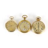 Three gentleman's gold plated open face pocket watches including Smiths and Tempo, the largest 5cm