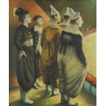 Manner of Laura Knight - Five clowns at a circus, oil on board, framed, 60cm x 50.5cm : For