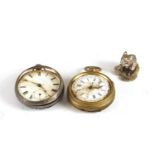 Two open face pocket watches and a silver coloured metal study of a mouse including a silver Waltham