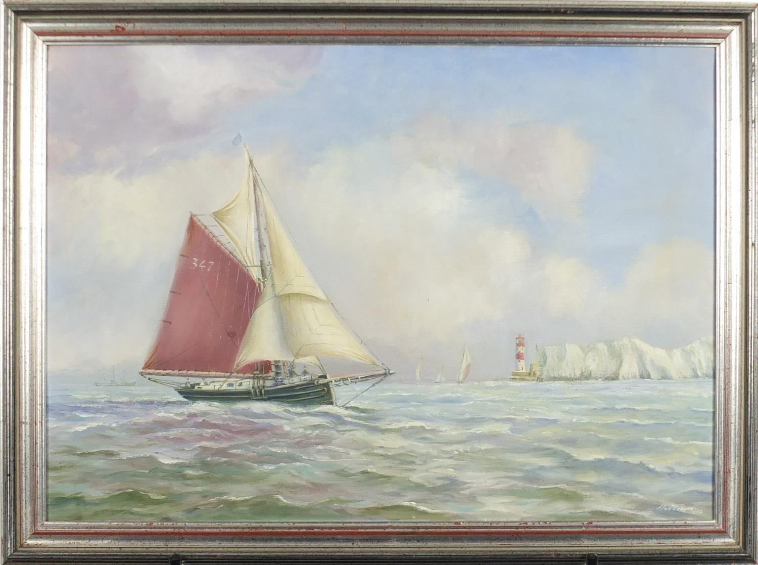 Monteague - East Coast Old Gaffers and Theodora, pair of marine oil on canvases, framed, each 49.5cm - Image 8 of 11