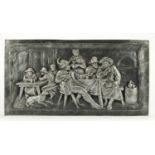 Silvered plaster plaque of merry figures in a tavern, 49cm x 26cm : For Further Condition Reports