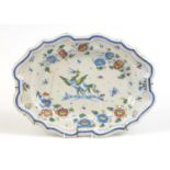 French pottery platter hand painted with birds amongst flowers, 40cm in length : For Further