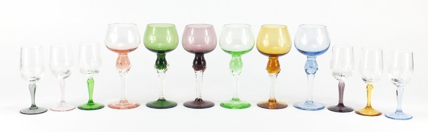 Two Harlequin sets of six colourful glasses, the largest 16cm high : For Further Condition Reports