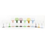 Two Harlequin sets of six colourful glasses, the largest 16cm high : For Further Condition Reports