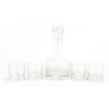 Crystal decanter and four tumblers, each engraved with sailing vessels, the decanter 25cm high : For