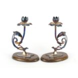 Pair of Art Nouveau style silver plated candlesticks in the form of stylised flowers, 19cm high :