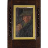 Man playing a flute, Newlyn school oil, housed in an oak frame with barley twist supports, mounted